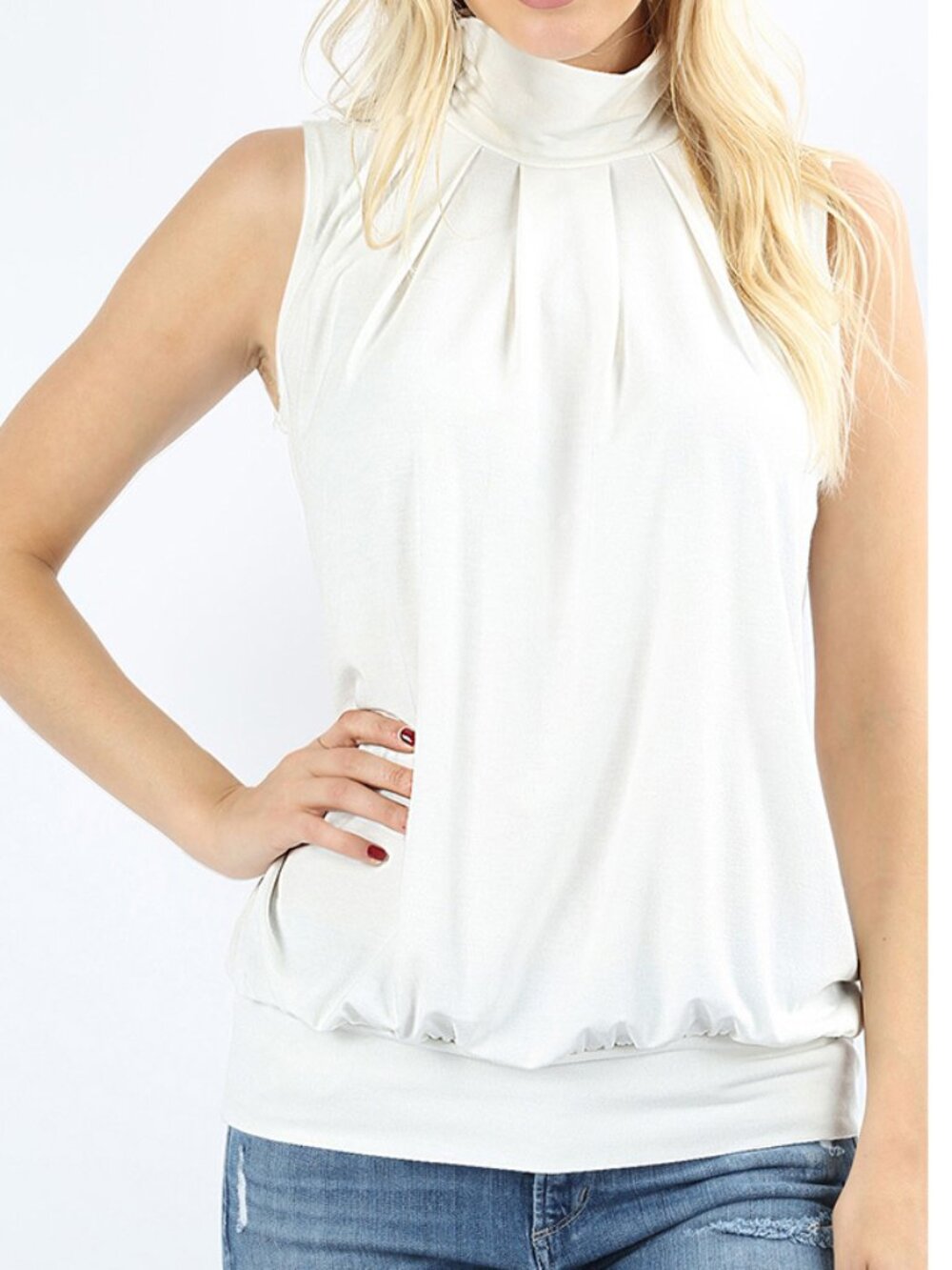 Off‎ White Sleeveless Mock Neck Pleated Top